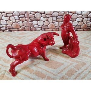 Vintage Ceramic Red Matador and Bull Statues